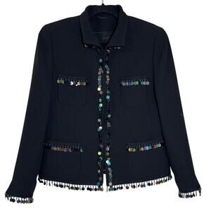 Beautiful Vintage Medium Black Jacket W Peacock Sequins & Pearls & Brocade Trim